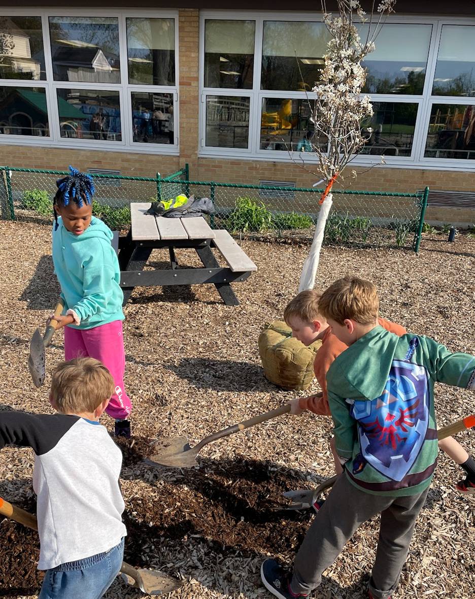 young students digging hole in playground to plant
